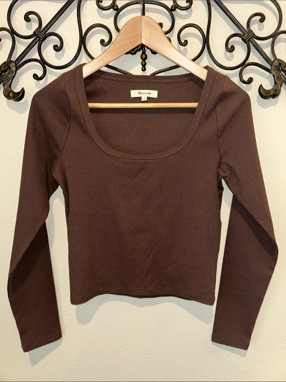 MADEWELL LONG SLEEVE TEE SCOOPED NECK RIBBED BROWN SIZE SMALL